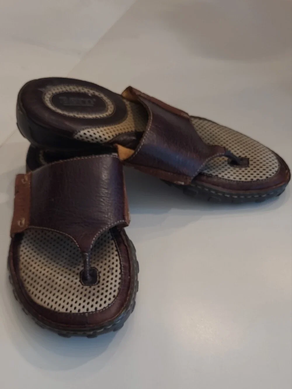 Born Pebbled Leather Slide On Sandals Perforated Footbed Rubber Traction Sole